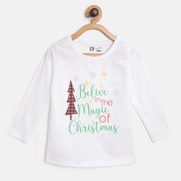 Eteenz Girls WhiteGreen Pure Cotton Christmassy Printed Round Neck Pure Cotton T-shirt-image-1