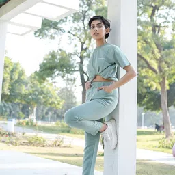 Chkokko Women Sage Green Solid T-shirt with Joggers-image-87