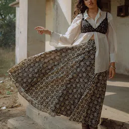anayna Black & Beige Printed Flared Pure Cotton Maxi Skirt-picture-56