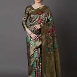 Mitera Khaki Silk Blend Woven Design Kanjeevaram Saree-image-4