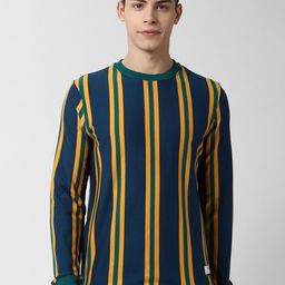 Peter England Casuals Men Navy Blue & Yellow Striped Sweatshirt-picture-45