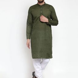 Jompers Men Green & White Self Design Kurta with Churidar-image-47