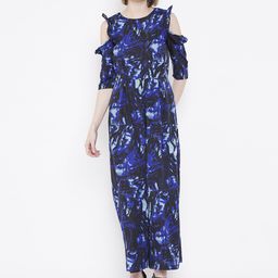 Deewa Women Blue & Black Printed Cold-Shoulder Basic Jumpsuit-image-73