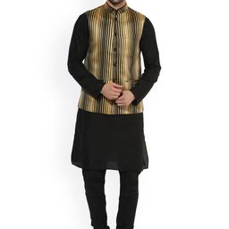 KISAH Men Black & Beige Solid Kurta with Churidar & Waistcoat-picture-53