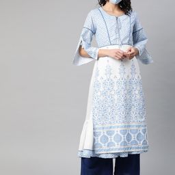 Biba Women White  Blue Printed Pure Cotton Straight Kurta-picture-45