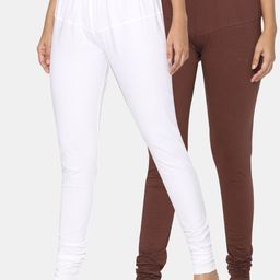 TSG Bliss Women Pack Of 2 White & Brown Solid Churidar-Length Leggings-image-78