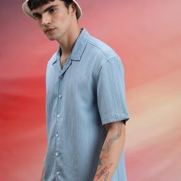 HIGHLANDER Blue Self Design Oversized Casual Shirt-image-69