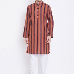 Tulsattva Men Red & White Striped Kurta with Pyjamas-0