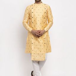 KLOTTHE Men Gold-Toned Printed Kurta with Churidar Pyjamas-picture-55