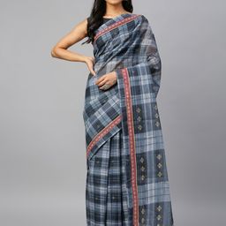 RATAN Grey & White Pure Cotton Sambalpuri Saree-image-38
