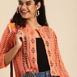 Sangria Women Peach-Coloured Crochet Cotton Button Shrug-22