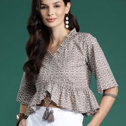 Indo Era Geometric Print Bell Sleeves Cotton Empire Crop Top-image-55