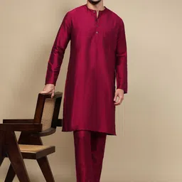 WHITE HEART Band Collar Jacquard Straight Kurta-image-54