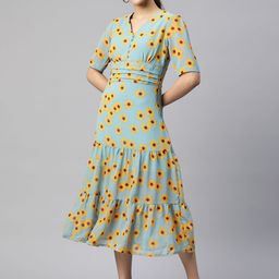 plusS Sea Green & Yellow A-Line Midi Dress-image-65
