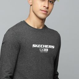 Skechers Men Charcoal Brand Logo Printed Pure Cotton T-shirt-image-42