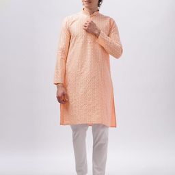 Anouk Orange Floral Embroidered Mandarin Collar Cotton Straight Kurta-17