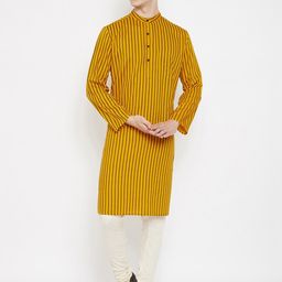 even Men Yellow Striped Straight Kurta-22
