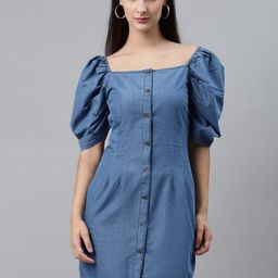 plusS Women Blue Solid Denim Sheath Dress-image-65