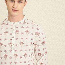 House Of Pataudi Men Off White & Maroon Floral Printed Kurta-image-34
