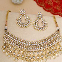 Shoshaa Gold-Plated White Kundan-Studded Beaded Handcrafted Jewellery Set-image-33