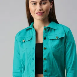 VOXATI Women Turquoise Blue Solid Denim Jacket-image-52