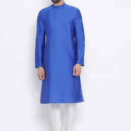 NAMASKAR Men Blue Solid Silk Straight Kurta-image-13
