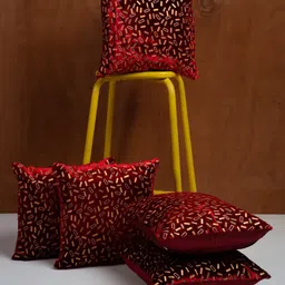 HOSTA HOMES Red & Gold Toned 5 Pieces Velvet Square Cushion Covers-image-11
