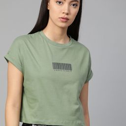 Roadster Olive Green Round Neck Boxy Cropped Top-image-61