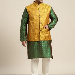 SOJANYA PLUS Men Plus Size Green Woven Design Kurta with Pyjamas & Nehru Jacket-58