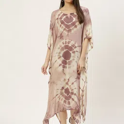Maaesa Beige & Brown Dyed Crepe Midi Kaftan Dress-image-86