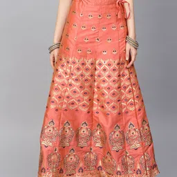 Varanga Women Coral Pink & Gold Self Design High-Rise Silk Maxi Skirt-4