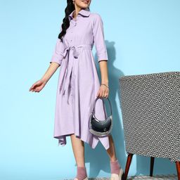 Yufta Lavender A-Line Belted Midi Dress-image-5