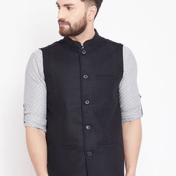 even Men Black Solid Wool Nehru Jacket-10