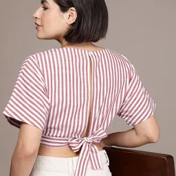 French Connection Striped Pure Cotton Styled Back Crop Top With Tie-ups Detail-image-19