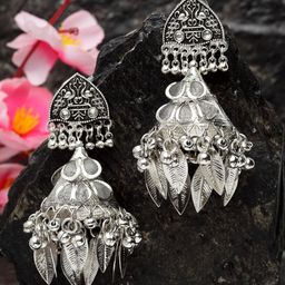 Moedbuille Silver-Toned Handcrafted Filigree Work Antique Oxidised Dome Shaped Jhumkas-image-88