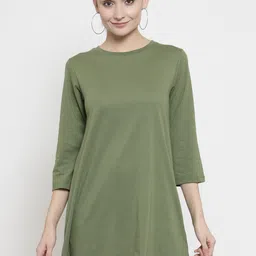 Kalt Women Green Solid Round Neck Longline T-shirt-image-79