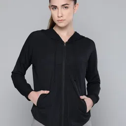 Fitkin Women Black Solid Lightweight Hooded Training Jacket-46