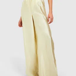 Boohoo Women Satin Finish Flared Pleated Trousers-image-71