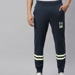 Huetrap Men Navy Blue Solid Straight-Fit Joggers Sustainable with Printed Detail-picture-12