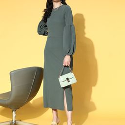 plusS Women Enchanting Sea Green Solid Volume Play Dress-image-77