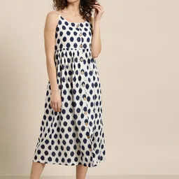 Shae by SASSAFRAS Women White & Navy Blue Printed A-Line Dress-image-75