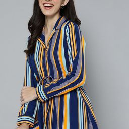 Mast & Harbour Women Blue & Mustard Yellow Striped Shirt Midi Dress-image-95