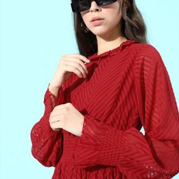 plusS Women Charming Maroon Striped Chevron Printed Dress-image-11