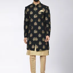 KISAH Men Black Printed Cotton Sherwani Set-image-15