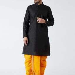 SOJANYA Men Black & Yellow Solid Kurta with Dhoti Pants-picture-5