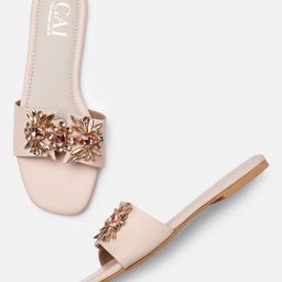 CAI Women Nude-Coloured Embellished Open Toe Flats-image-45