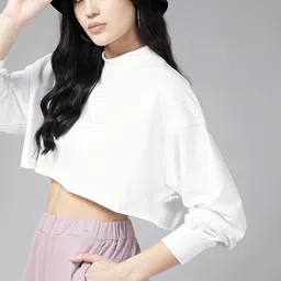 Roadster Women Cotton Drop-Shoulder Sleeves Crop Sweatshirt-image-92