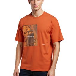 Orange Graphic Printed Relaxed Fit T-shirt-image-3
