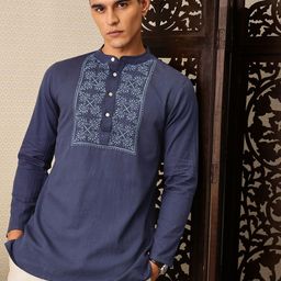 House of Pataudi Floral Embroidered Band Collar Thread Work Cotton Linen Jashn Kurta-image-58