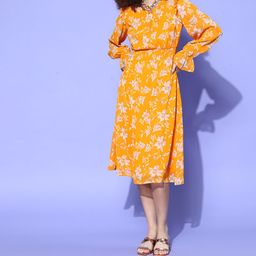 plusS Women Mustard Floral Volume Play Dress-image-87